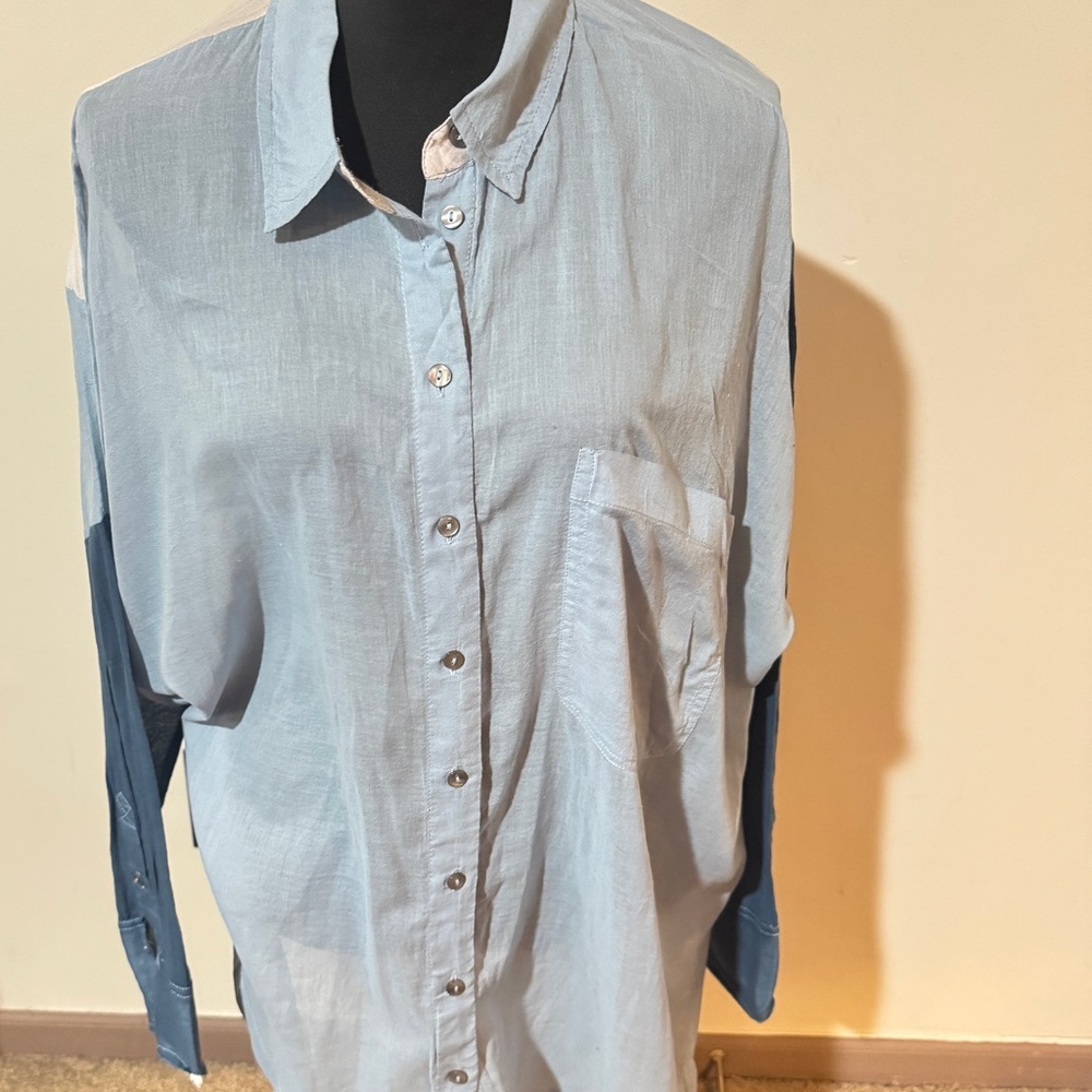 Free People Blue Chambray Button Down Top Relaxed Fit